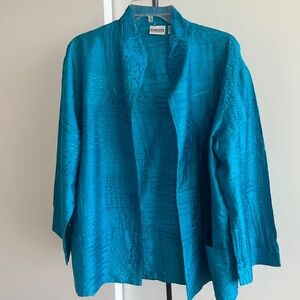 Chicos 100% Silk Embroidered Open Front Jacket Turquoise Blue 3/4 Sleeve Sz XXL